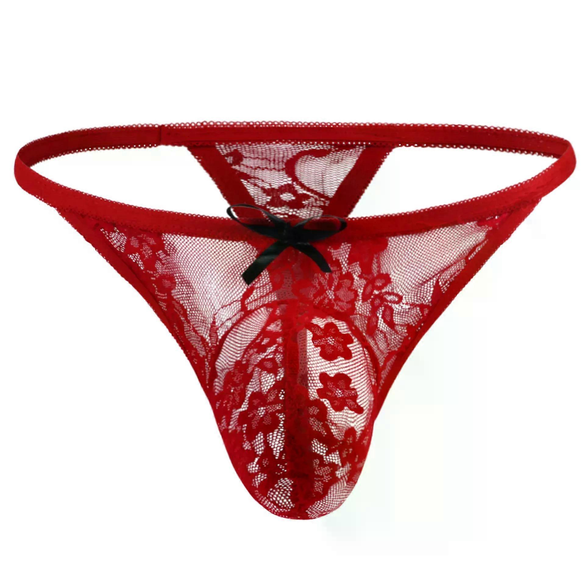 Men's Erotic T Back Thong Sissy Lace Mesh Transparent Panties Sissy Low Waist U Convex Pouch G-string Homme Open Butt Underpants