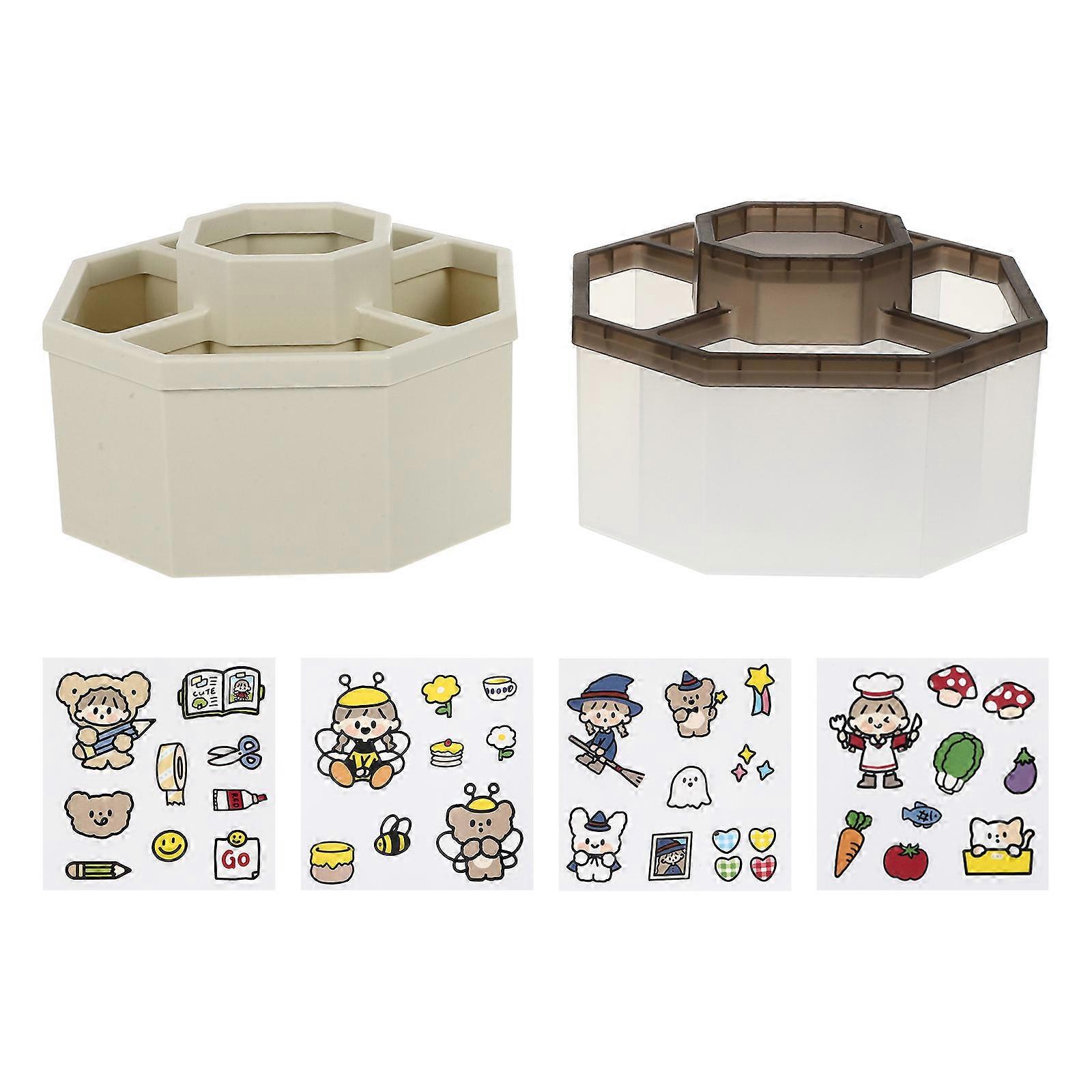 Stationery Case Pen Storage Tubs Transparent Beige Color 16x16cm Size Rotatable Function Office Workers Students 2Pack