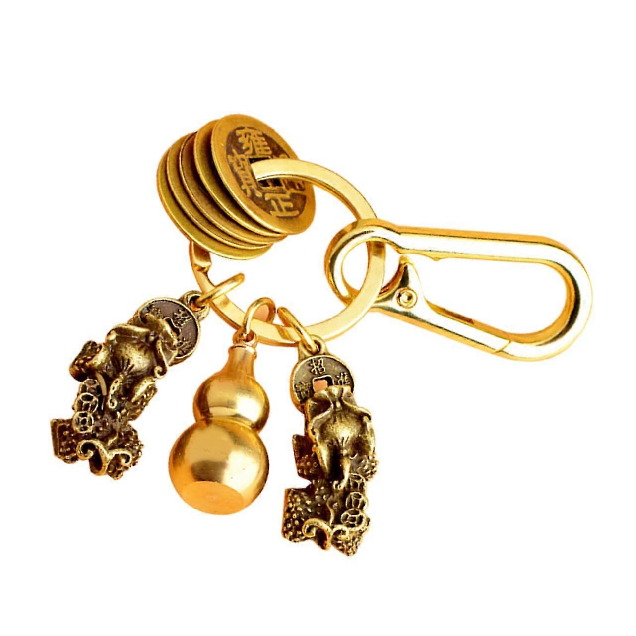Feng Shui Double Brass Keychain with Hollow Gourd and Pi Yao Lucky Charm for Keys or Bags Stylish Travel Accessory