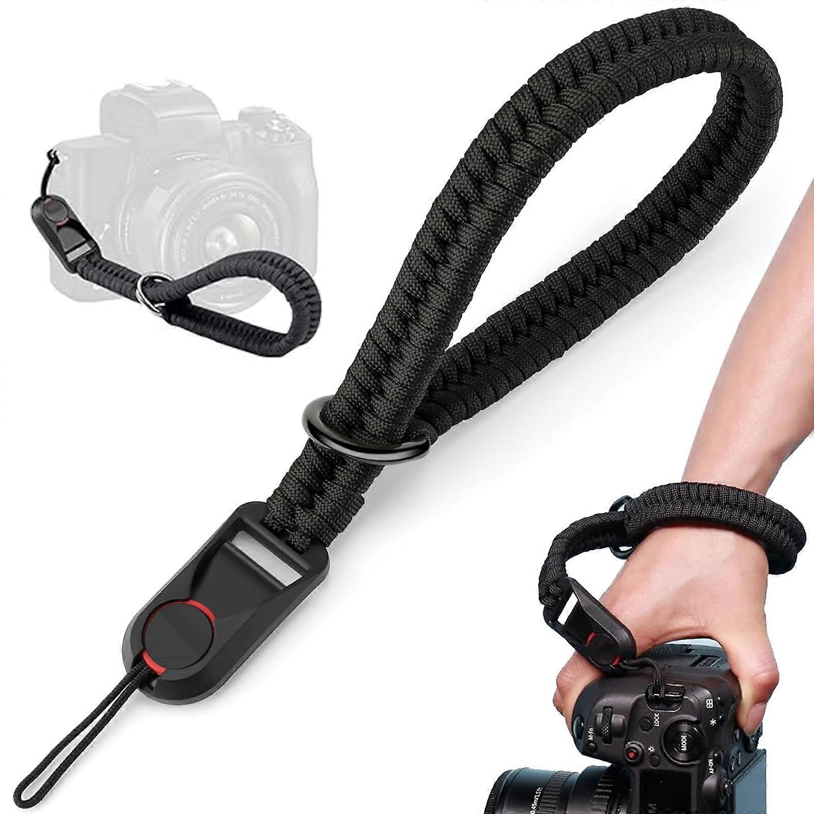 Camera wrist strap, adjustable, quick release, ultralight paracord, DSLR, Black, L