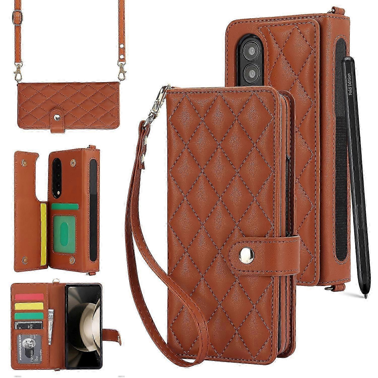 Multi-Functional Rhombic Pattern Crossbody Phone Case with Leather Material