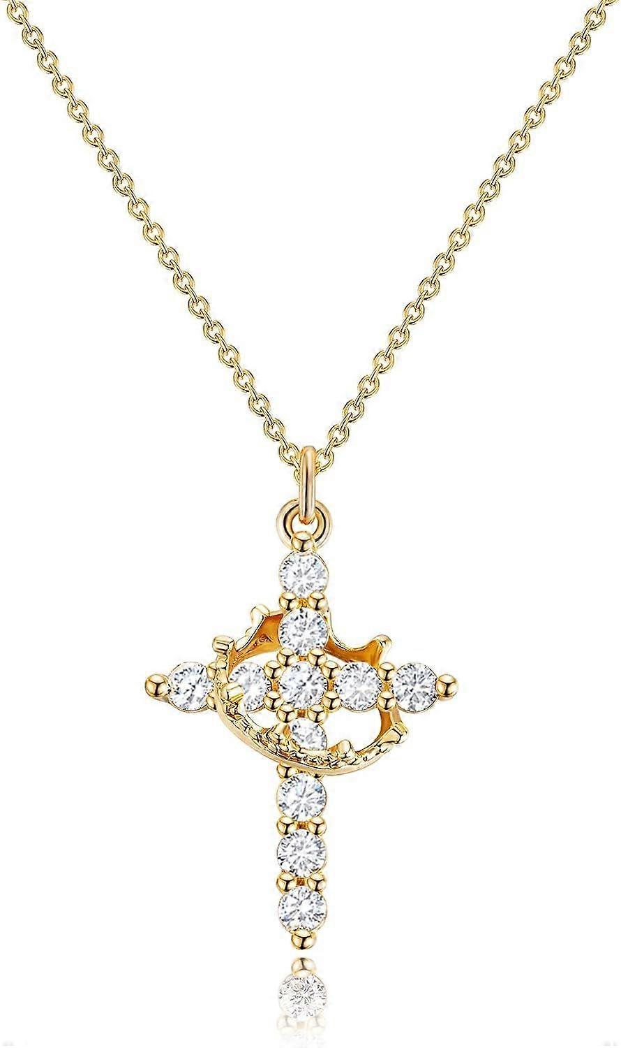 14K Gold Plated Crown Cross Necklace  Diamond Accent