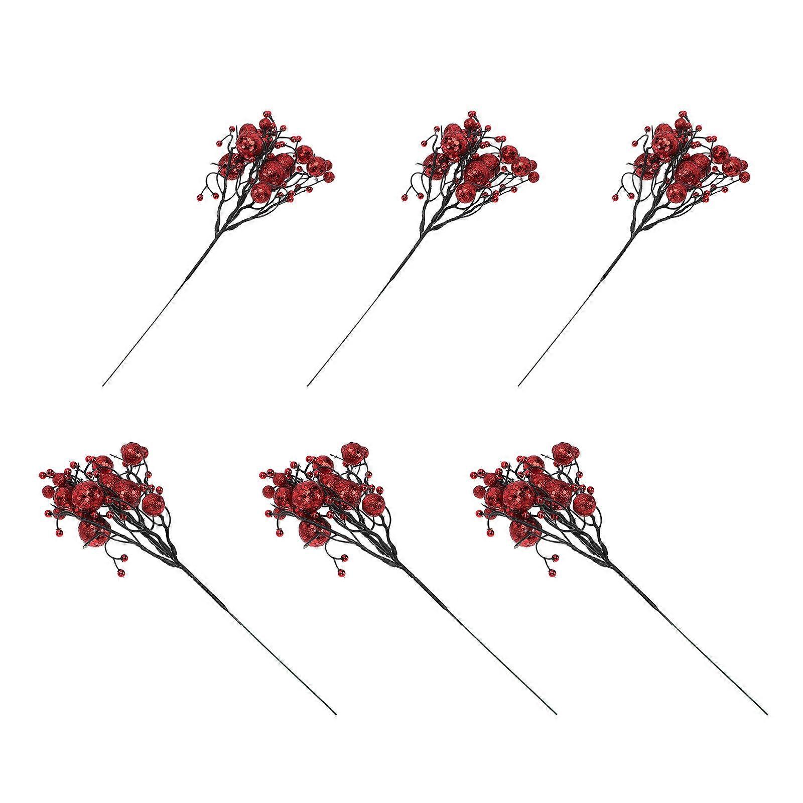 Red Plastic Berry Branches for DIY Wreath Decor Accessories Vivid Simulation Christmas Home Decors 6Pcs