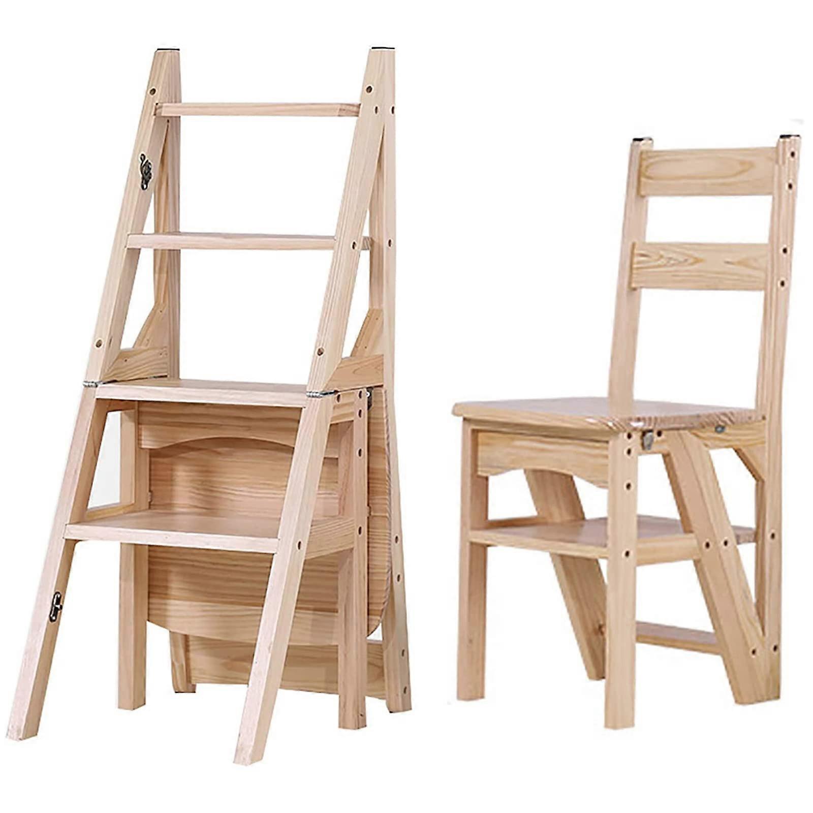 Foldable Wooden Library Ladder For Bookshelves - Space-Saving Step Ladder, Natural Wood Finish
