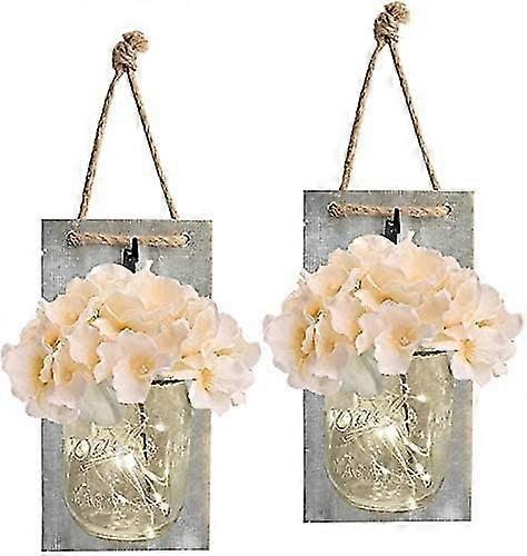 Mason Jar Sconce Rustic Home Wall Decor with LED Fairy Lights - Handcrafted Hanging Mason Jar Sconces 2 Pack (Grey Color)