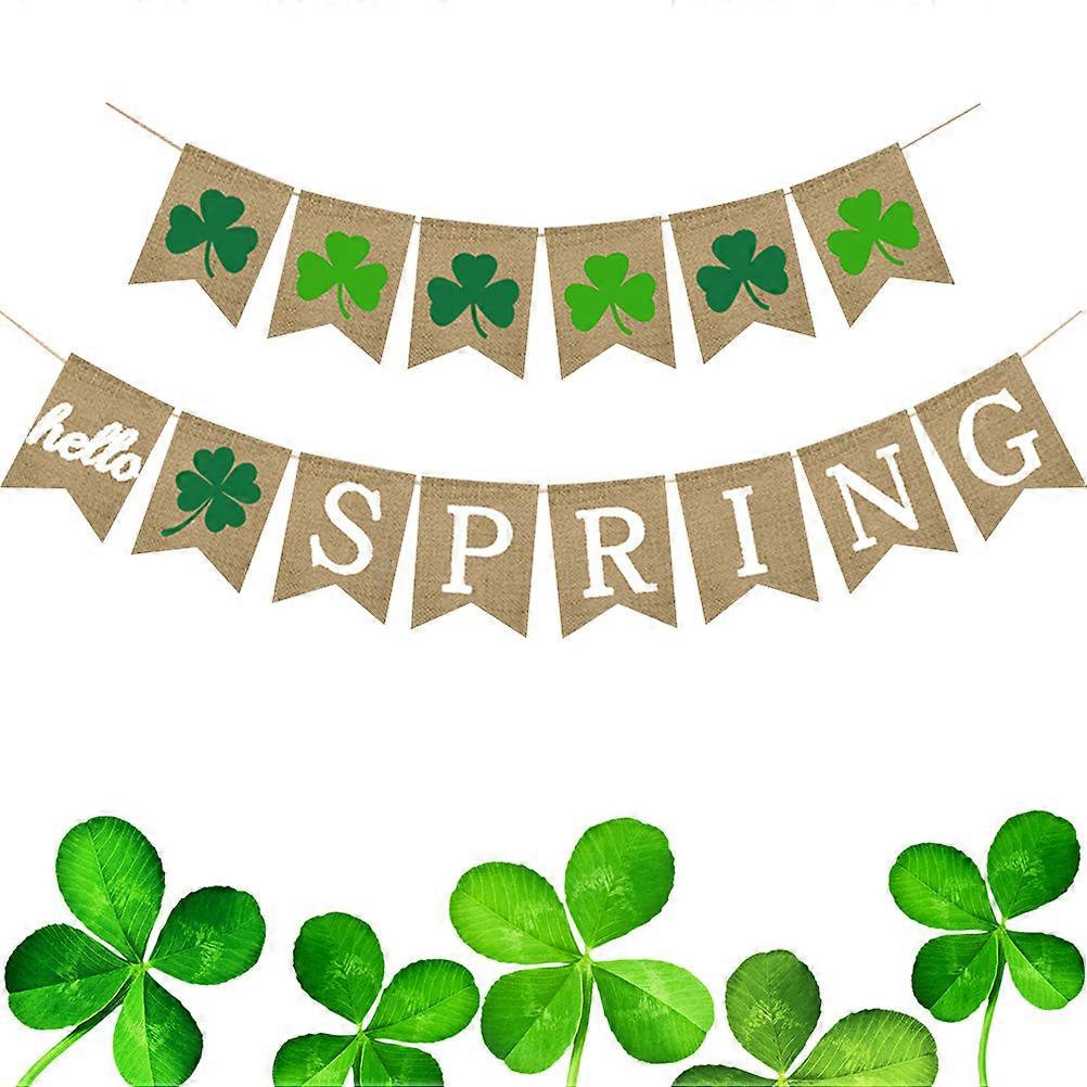 2 Pcs Hello Spring Shamrock Burlap Banner Four Leaf Clover Bunting Garland St.Patrick Day Decorations