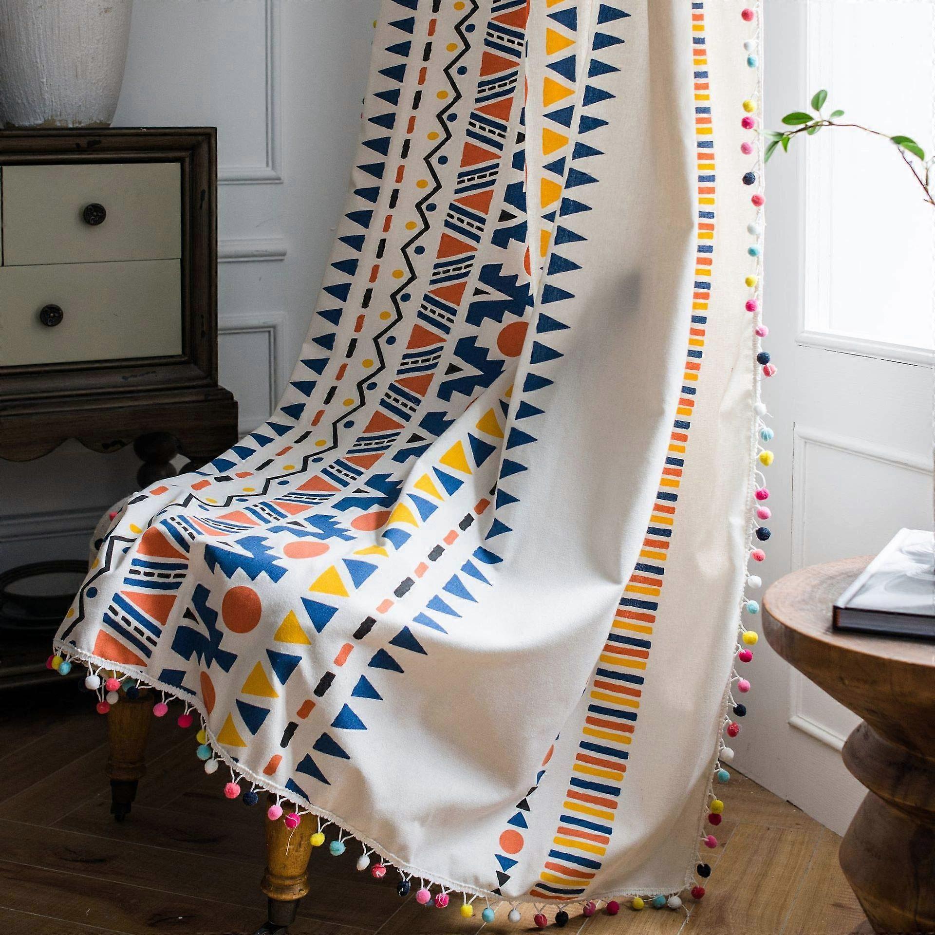 Bohemian Style Curtains 1 Panel Rod Pocket Small Balls Geometric Pattern Beige 59x86 Semi Transparent For Kitchen Bath