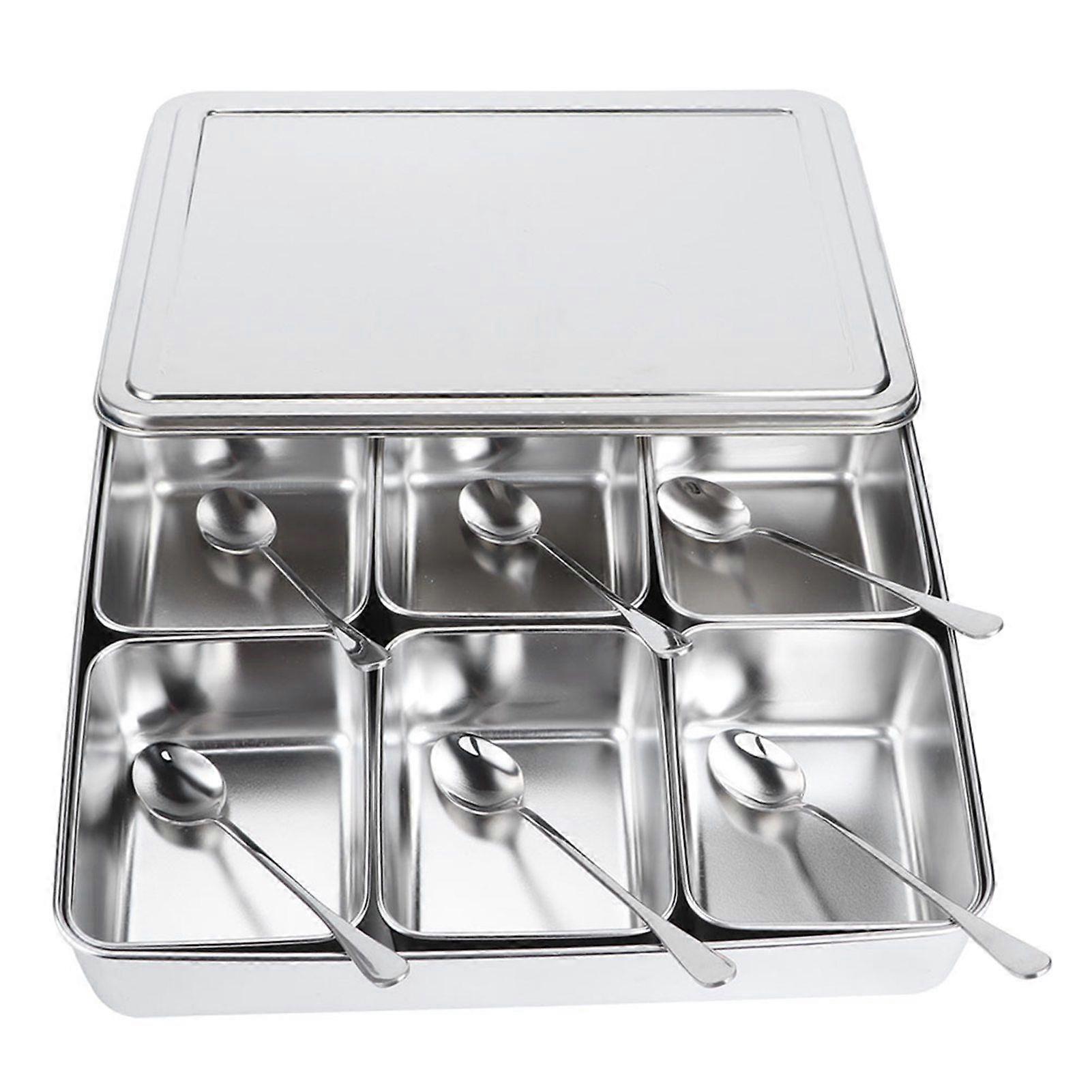6Grid Stainless Steel Seasoning Box Jar Storage Container Set with Spoons Kitchen Utensils