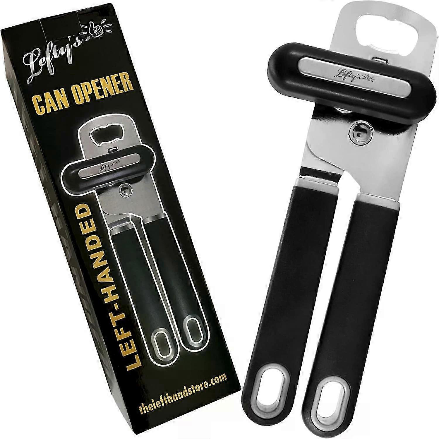Left-Handed Can Opener, Heavy Duty Stainless Steel with Ergonomic Handle & Bottle Opener, Black