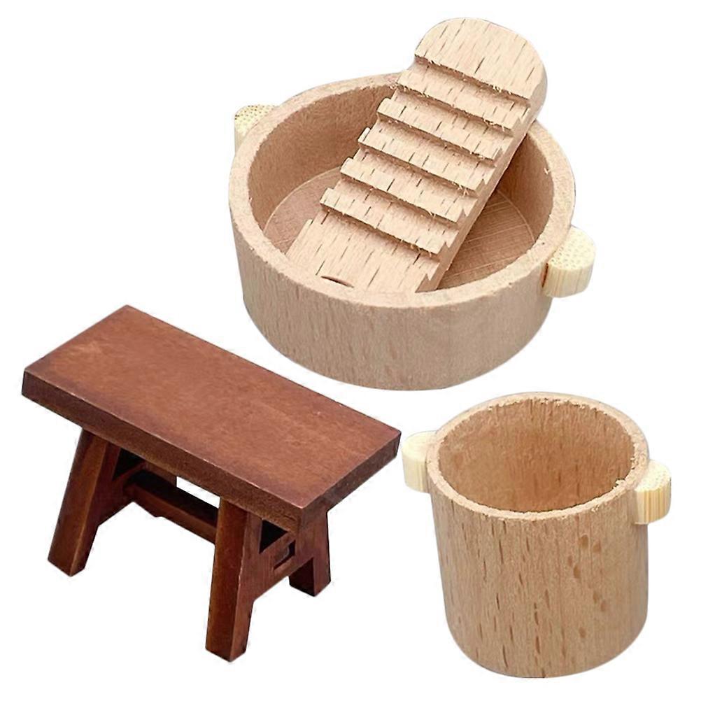 Realistic Dollhouse Decor Mini Washboard Basin Bucket Stool 4-Piece Set
