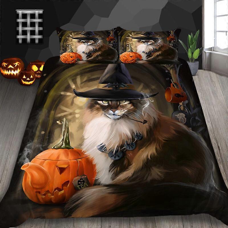 Housse de couette Halloween 100 % coton pour filles, enfants, motif citrouille et chat - Housse de couette avec chapeau de sorcière effrayant et noir - Housse de couette mignonne d'automne