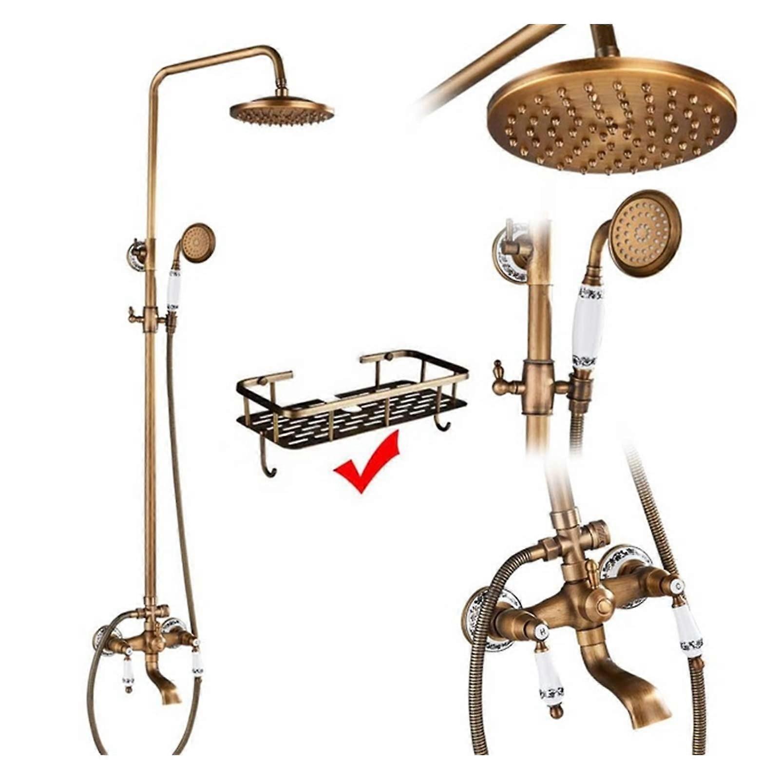 Bathroom Shower Faucet Set WallMount DualHandle With Handshower And Shelf Brass Mixer Tap Color E02