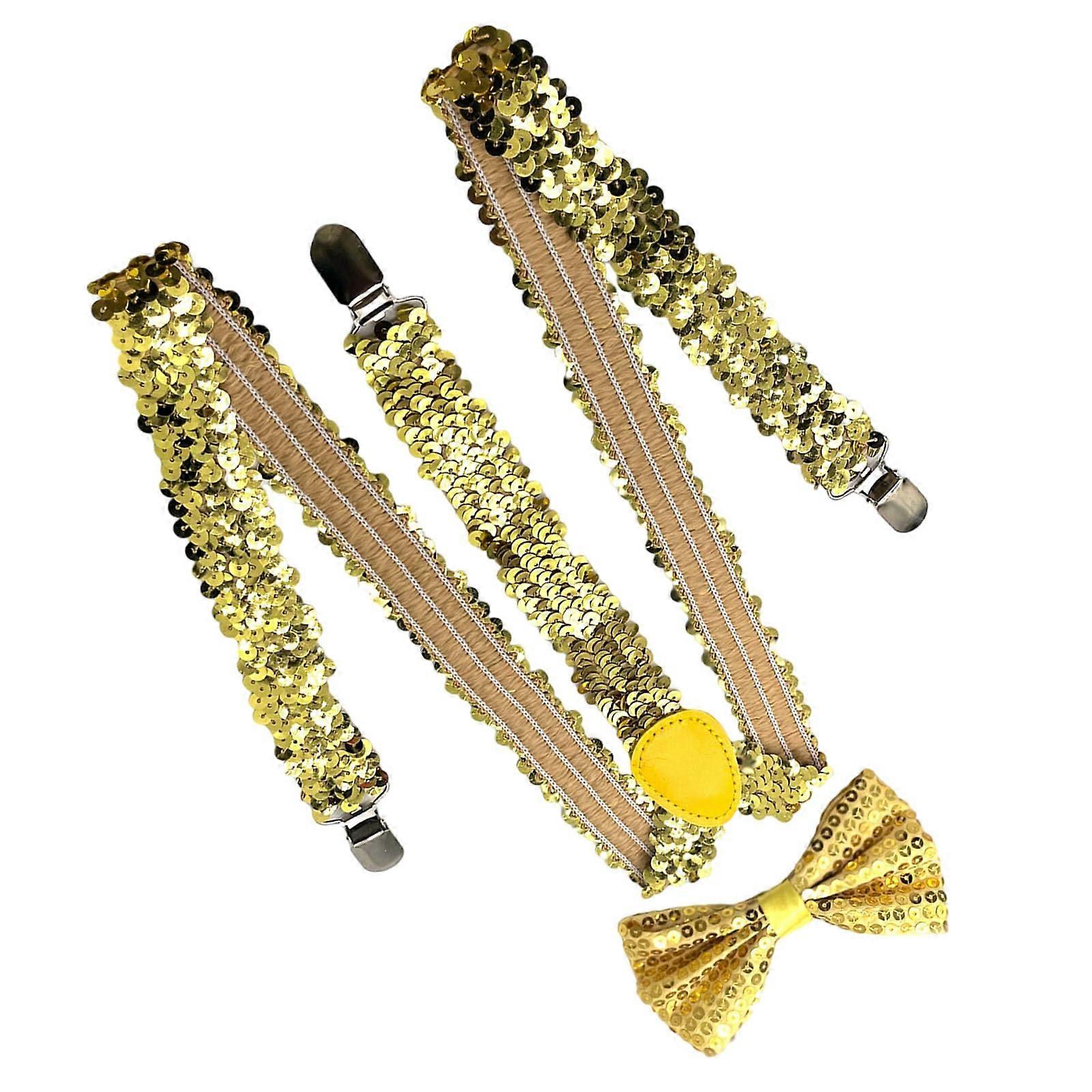 Shining Suspenders Bowtie Set Sequins With Adjustable Straps And Metal Clip Stage Show Props One Size