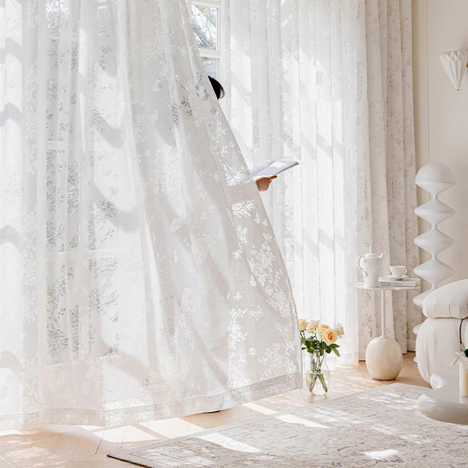 Floral Sheer Linen Textured Curtains 2 Panels Embroidered Leaf Pattern Farmhouse Light Filtering Rod Pocket Ref: 6234