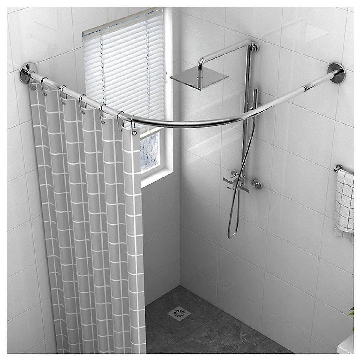 L Shaped Shower Curtain Rail Curved Telescopic No Drill Rod with Curtain and Hooks 7095cm x 105165cm