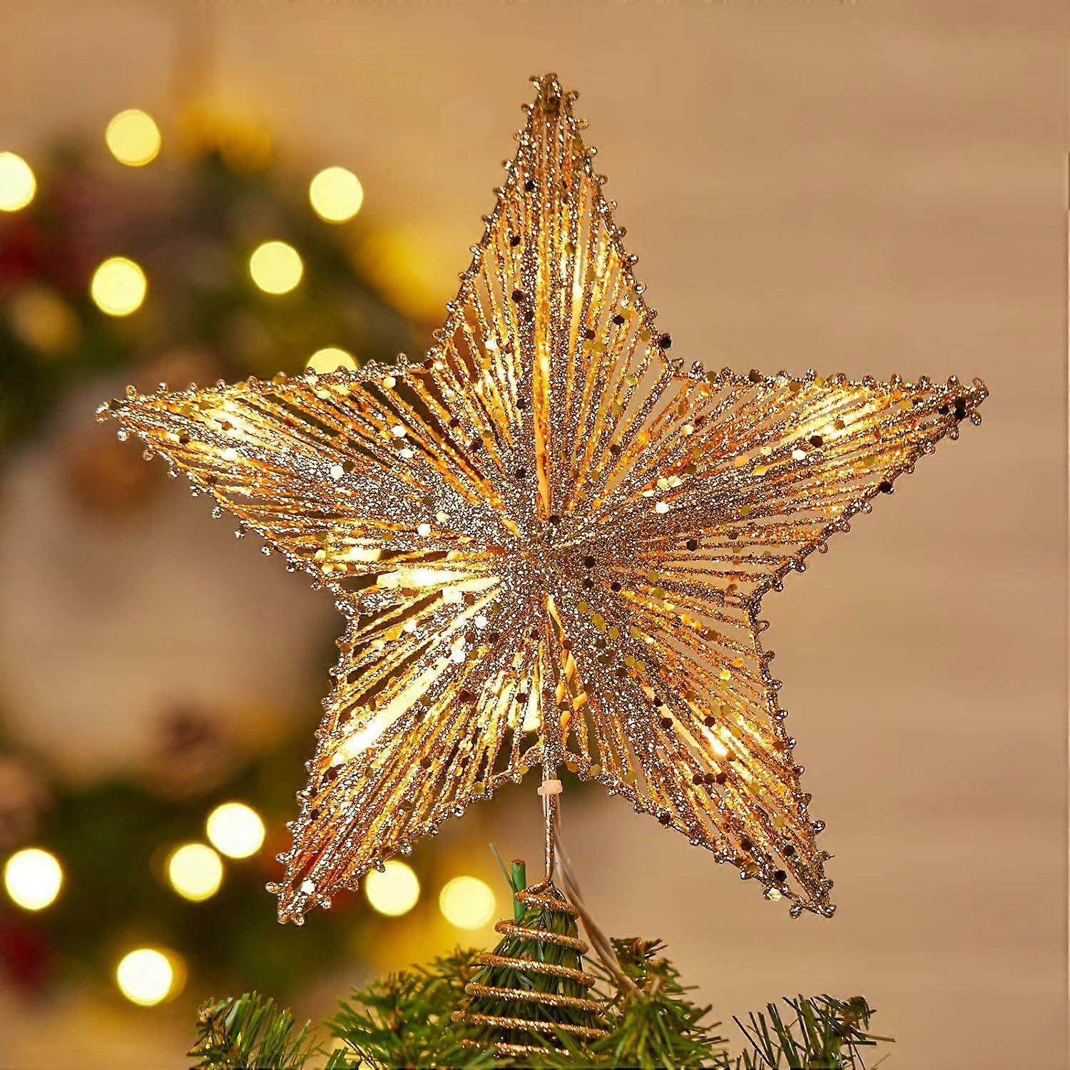 Christmas Star Tree Topper, Plug in 3D Star Tree Topper, 11Golden Glittered Metal Hollow Designed Built-in 10 Bulbs String Lights for Christmas Tree D