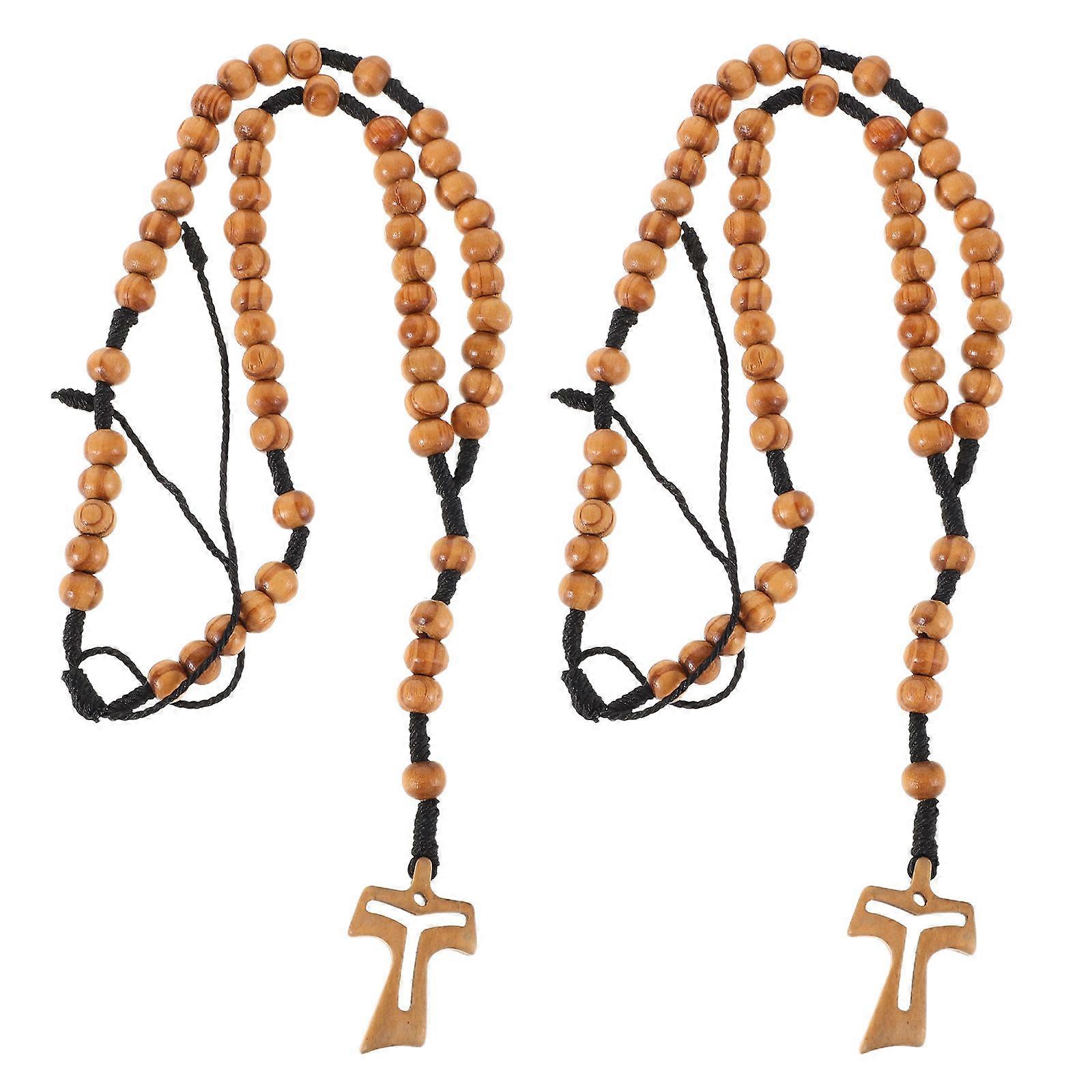 Handmade Wooden Beaded Cross Necklace for Religious Occasions 2Pcs
