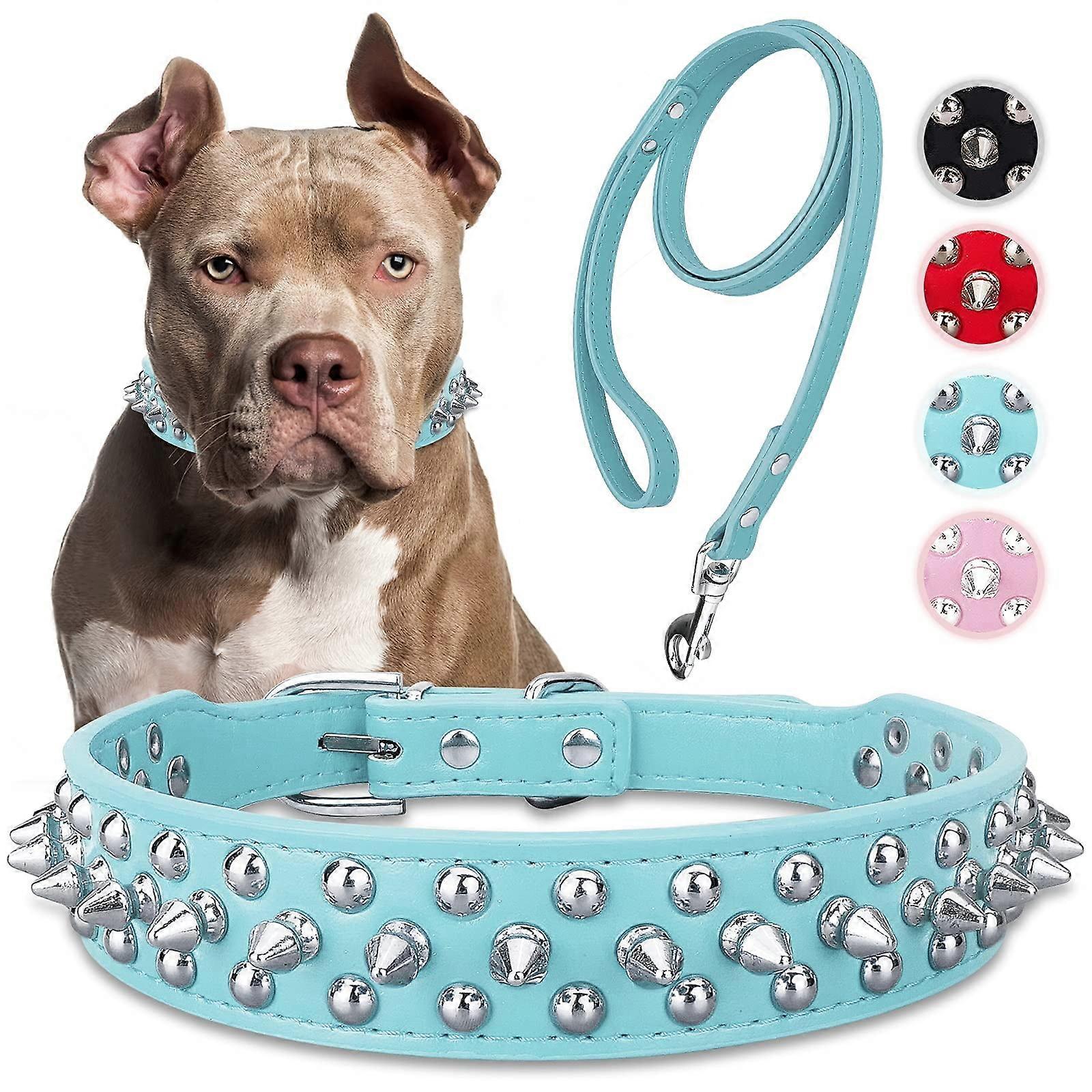 esafio Dog Collar with Leash,Durable Rivet PU Leather Dog Collars for Pit Bull, Spiked Studded for Small Medium Large Dog