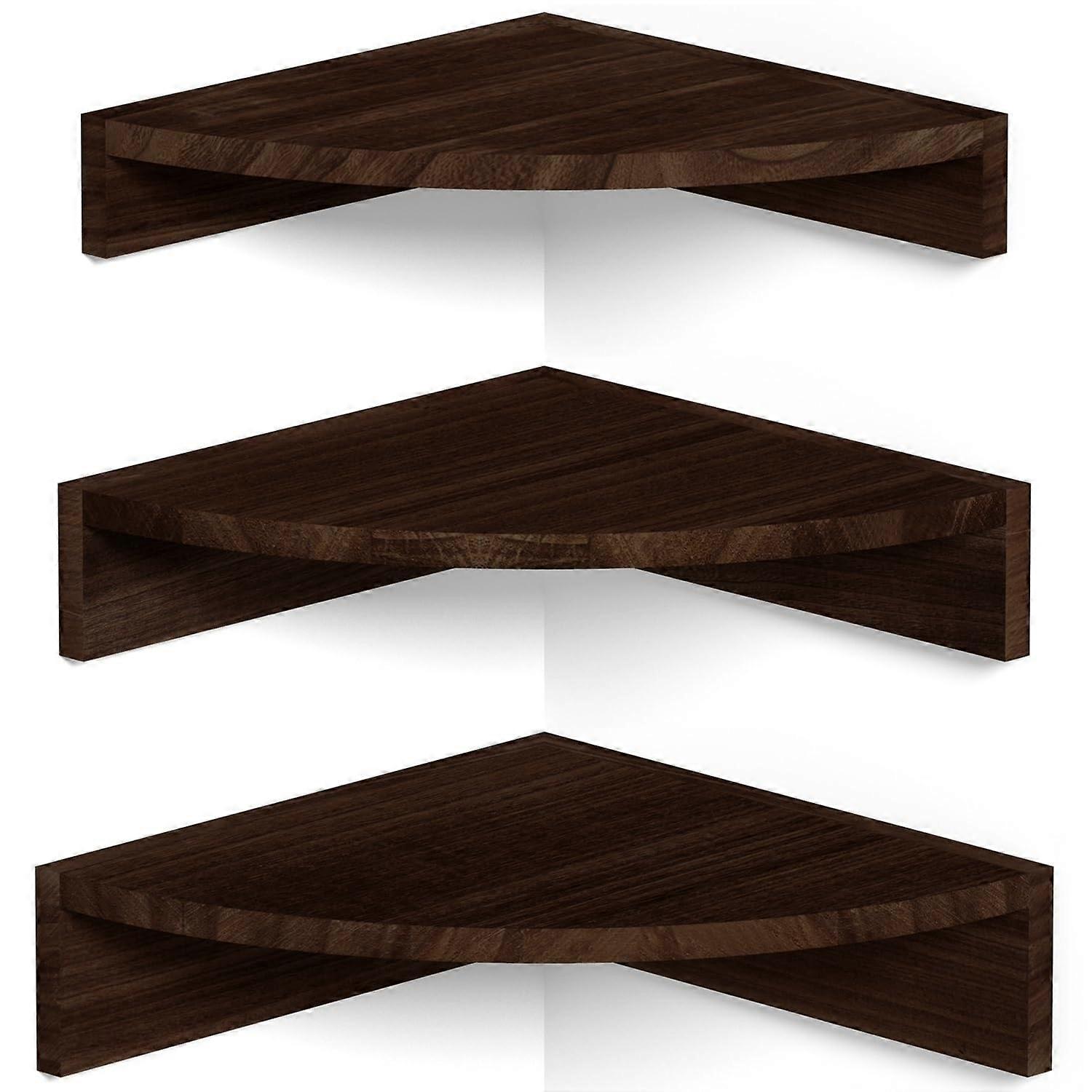 Rustic Wooden Corner Wall Shelves Set of 3 Floating Design for Storage Display Dark Brown