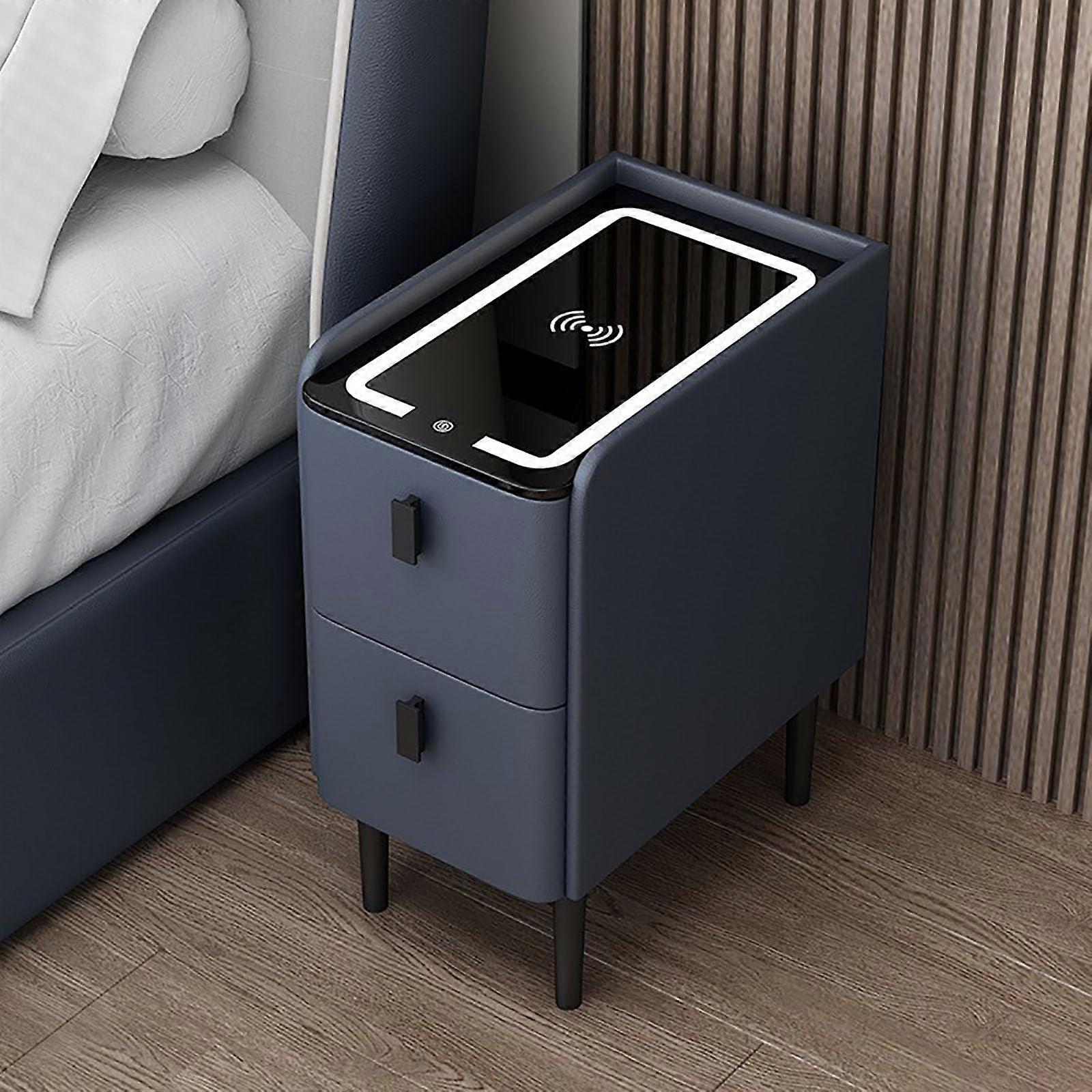 Smart LED Bedside Table with Wireless Charging, Bluetooth Speakers, 2 Drawers, Navy Blue, 30cm