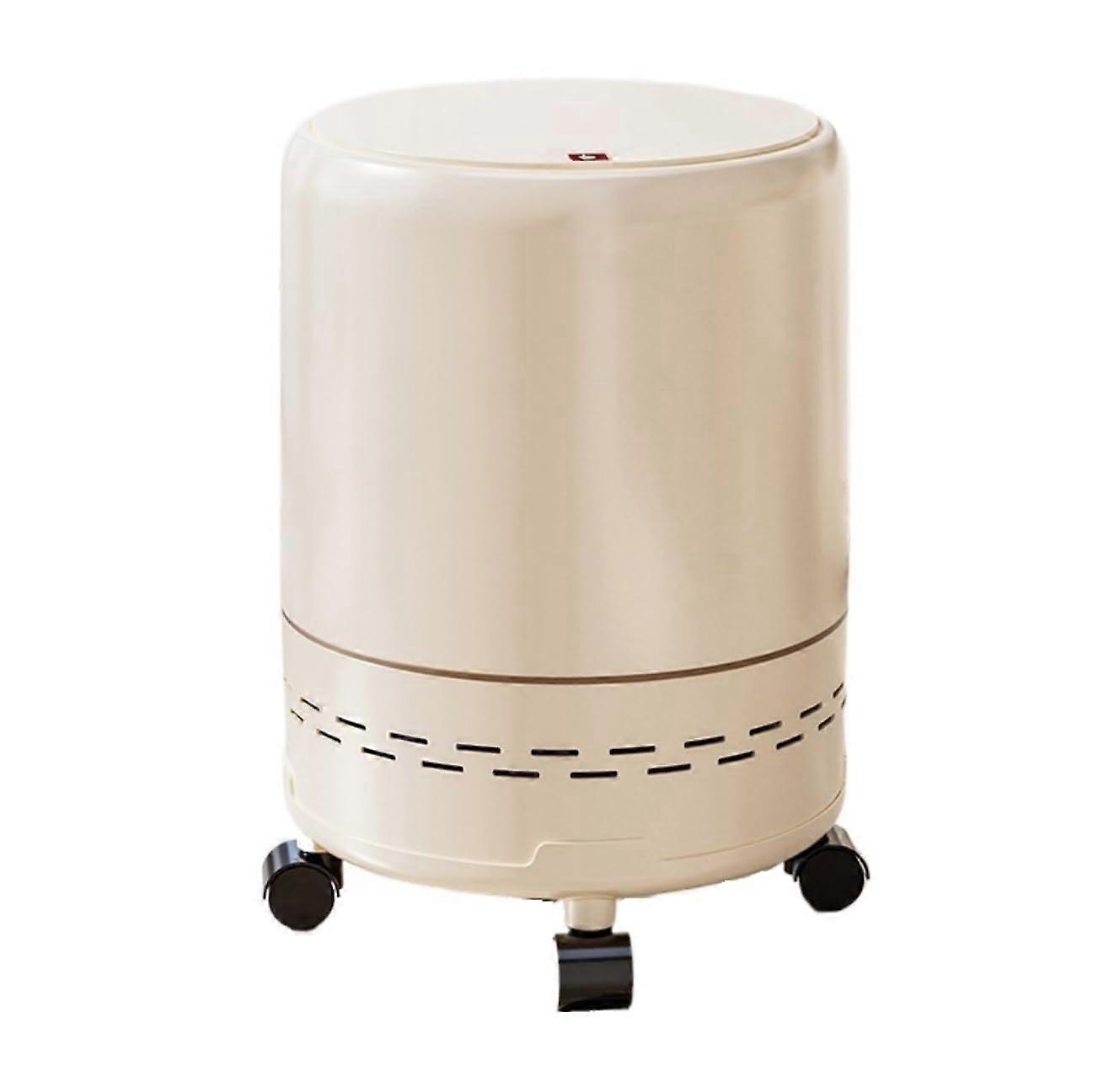 Trash Can with Wheels PushButton Lid Plastic Garbage Bin for Bathroom Beige 1pcs