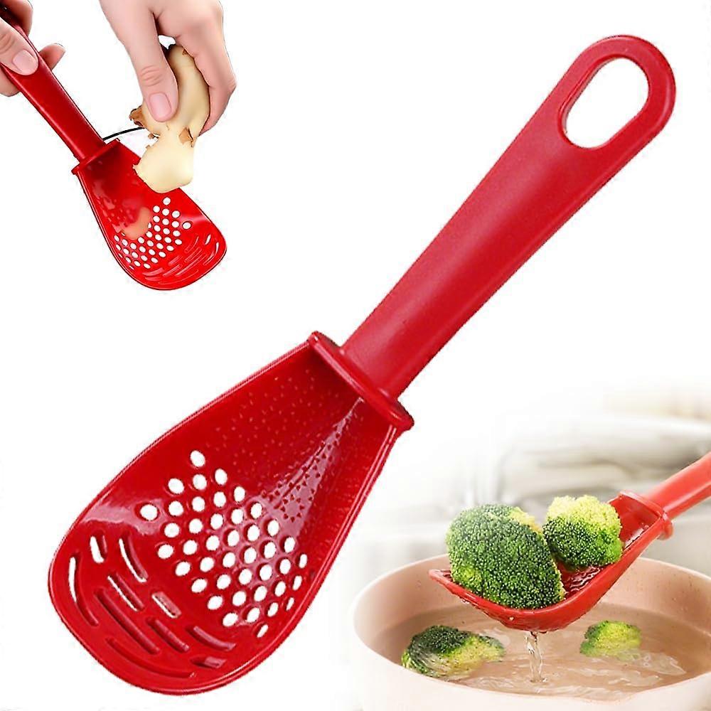 Multifunctional Red Silicone Cooking Spoon and Kitchen Spatula with Grinder, Masher and Strainer