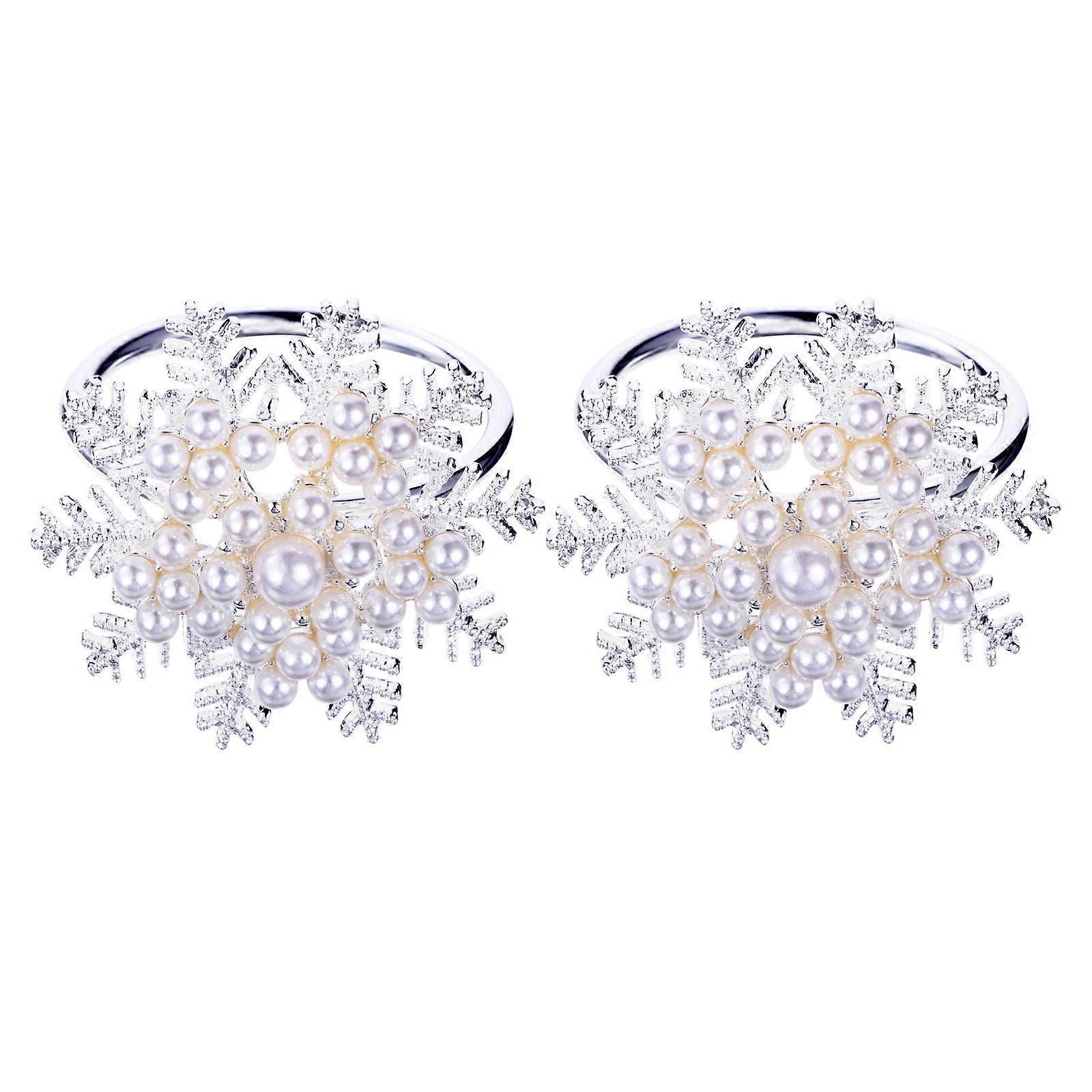 Pearl Napkin Ring for Decoration 2Pcs Christmas Snowflake Silver