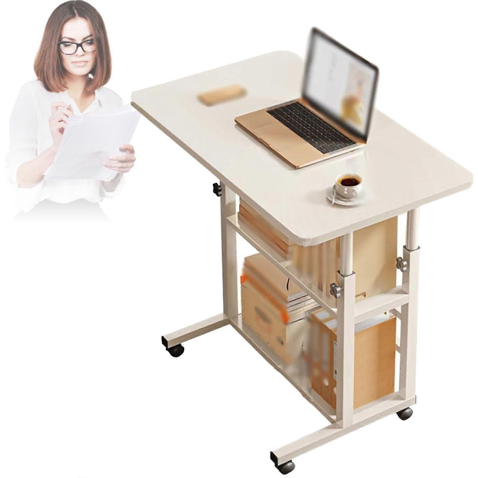 Manual Height Adjustable Standing Desk with Wheels, DoubleLayer Storage, Durable Steel Frame, White 60x40cm