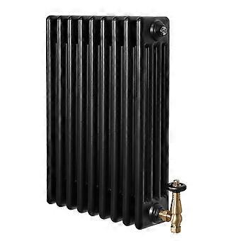 Traditional 4 Column Radiator 600mm x 425mm & TRV Brass Valves Central Heating Heater Black Carbon