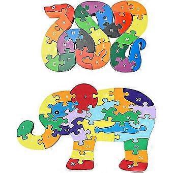 Animal Wooden Puzzle, Building Blocks Puzzles Alphabet Jigsaw Puzzle Preschool Learning Educational Toy Blocks Set Gifts - Snake & Elephant