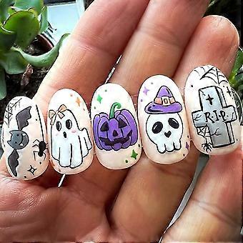 Halloween Press on Nails Short Almond Fake Nails with Pumpkin Ghost Design, Reusable 24pcs Set