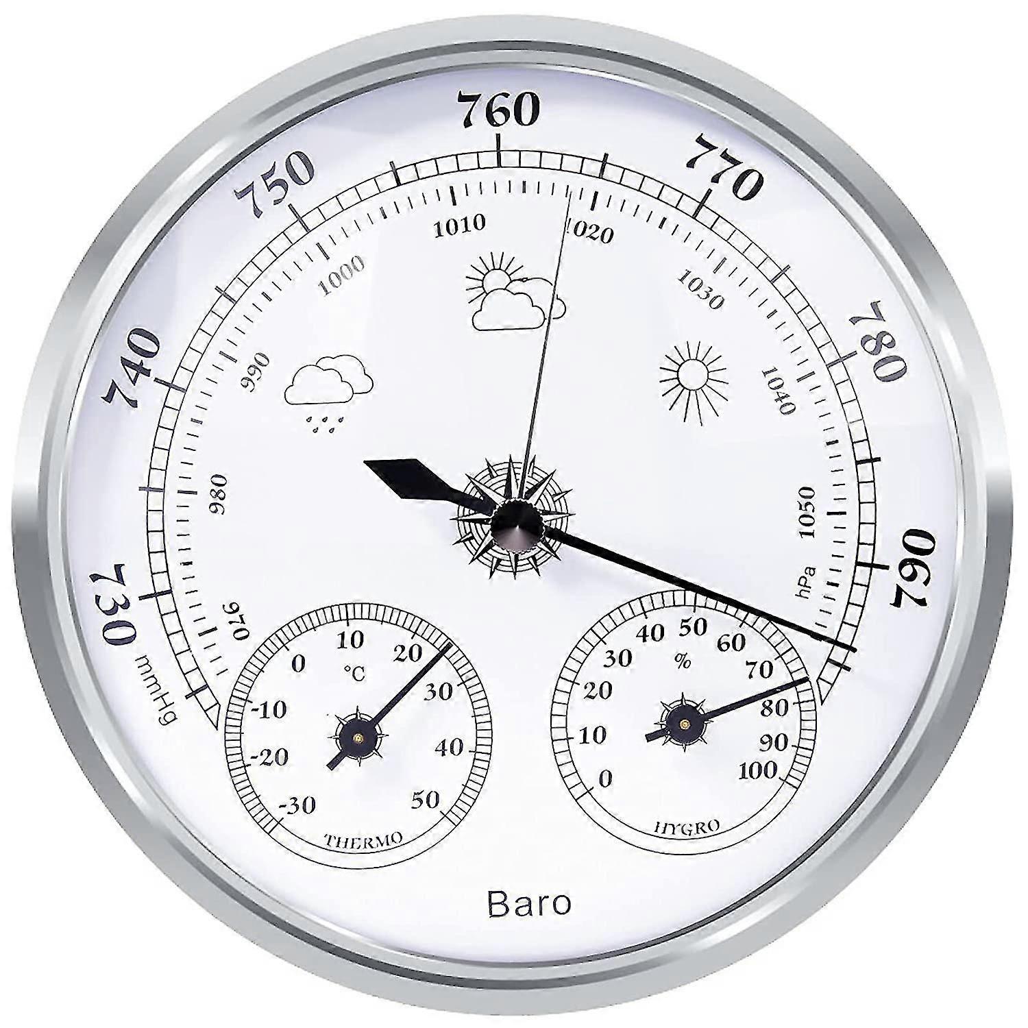 Analog väderstation, barometer, termometer, hygrometer, silver, 128 mm