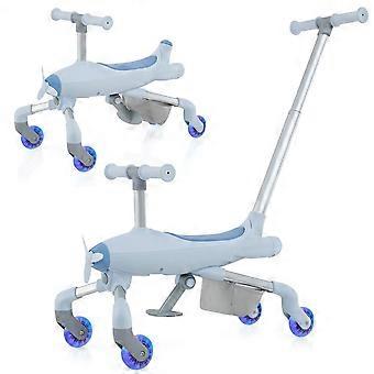 2-in-1 push car for children push car in airplane motif with LED illuminated wheels portable up to 50kg blue