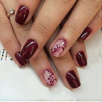 Unhas postiças curtas, vermelhas vinho, com estampa floral romântica, clareadoras e removíveis, 24 peças, cor castanha.