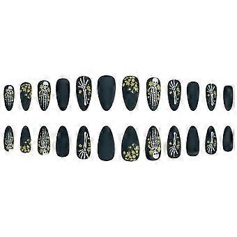 Press on Nails 24Pcs Almond Shape Matte Black Skull with Gold Flower Maple Leaf Reusable ABS Plastic