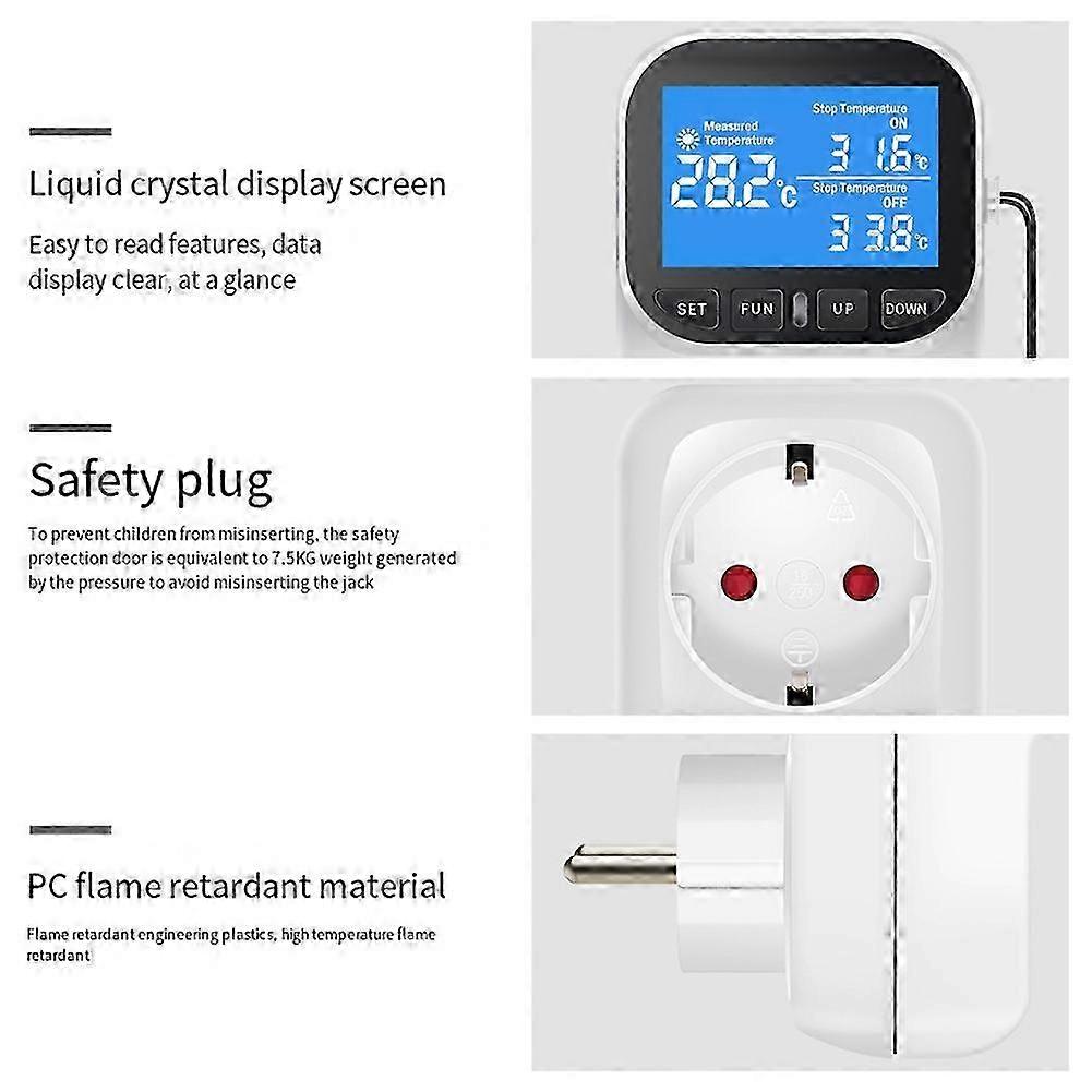 Digital Temperature Controller Socket Outlet Thermostat with Sensor Probe Heating Cooling Switch Backlight EU Plug