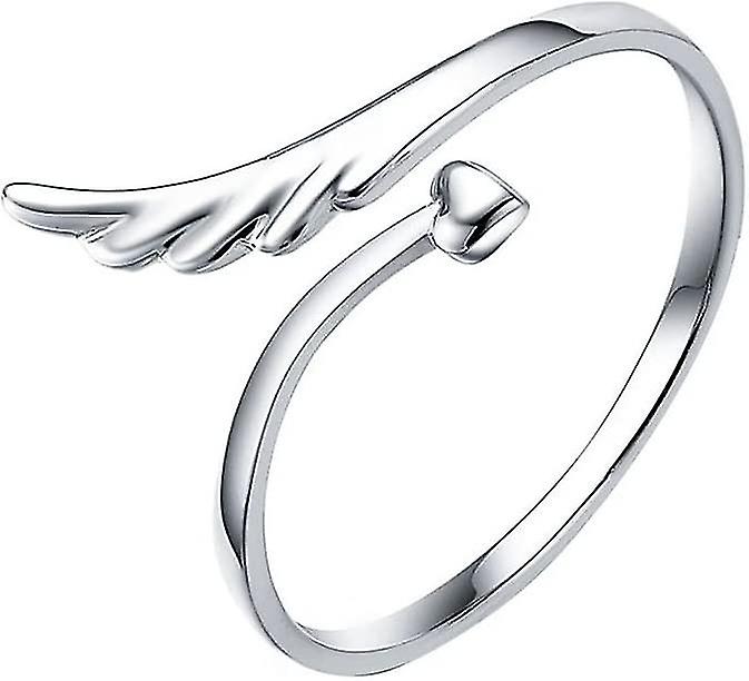 Sterling Silver 925 With Heart And Angel Wing Adjustable Ring