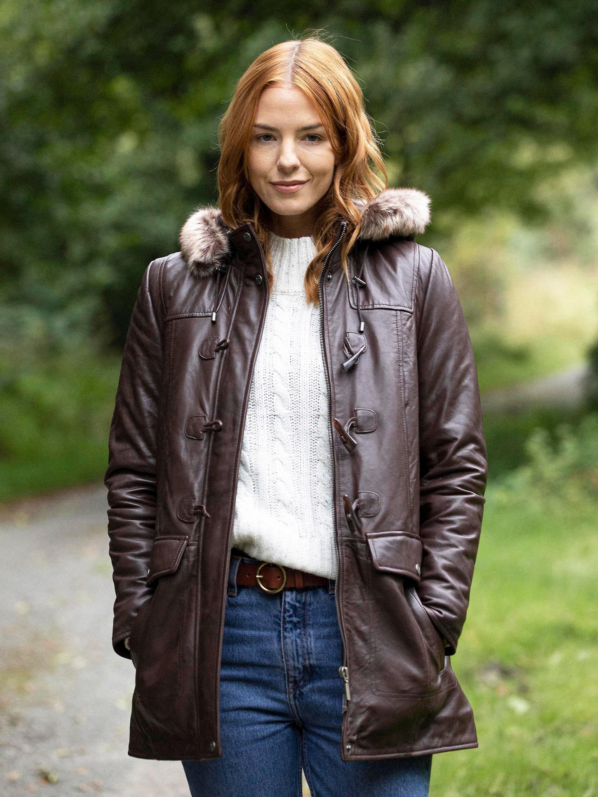 Dockray Hooded Leather Duffle Coat in Brown