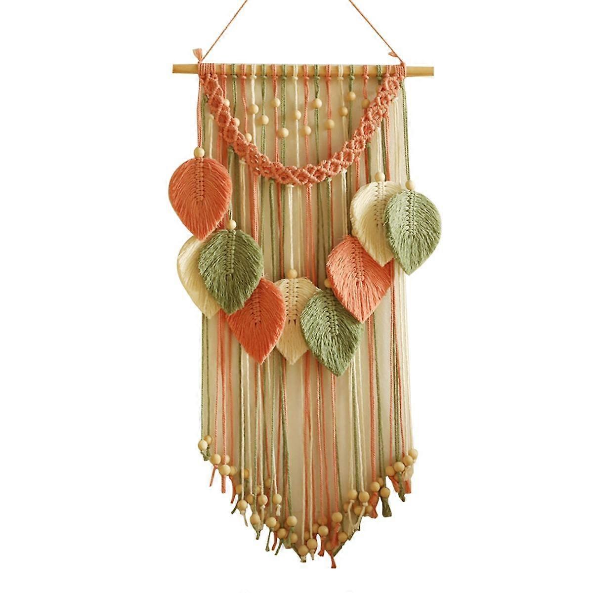 Mehrfarbige Blätter Wandteppich Boho Handgewebt Makramee + Holz Perlen Kunsthandwerk Wandbehang Nordic Home Dec