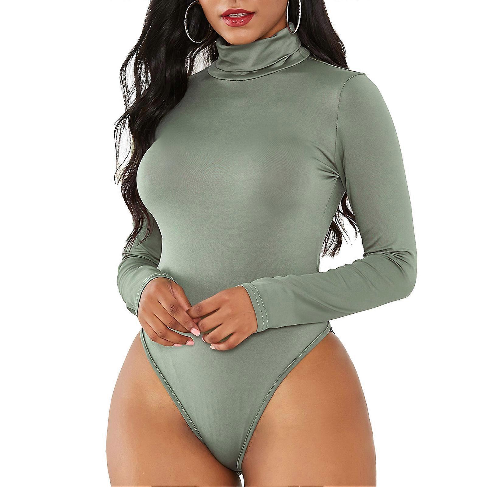 Women Long Sleeve Bobysuit Turtleneck Slim Pure Color High Elasticity Snap Closure Bodysuit Light Green L
