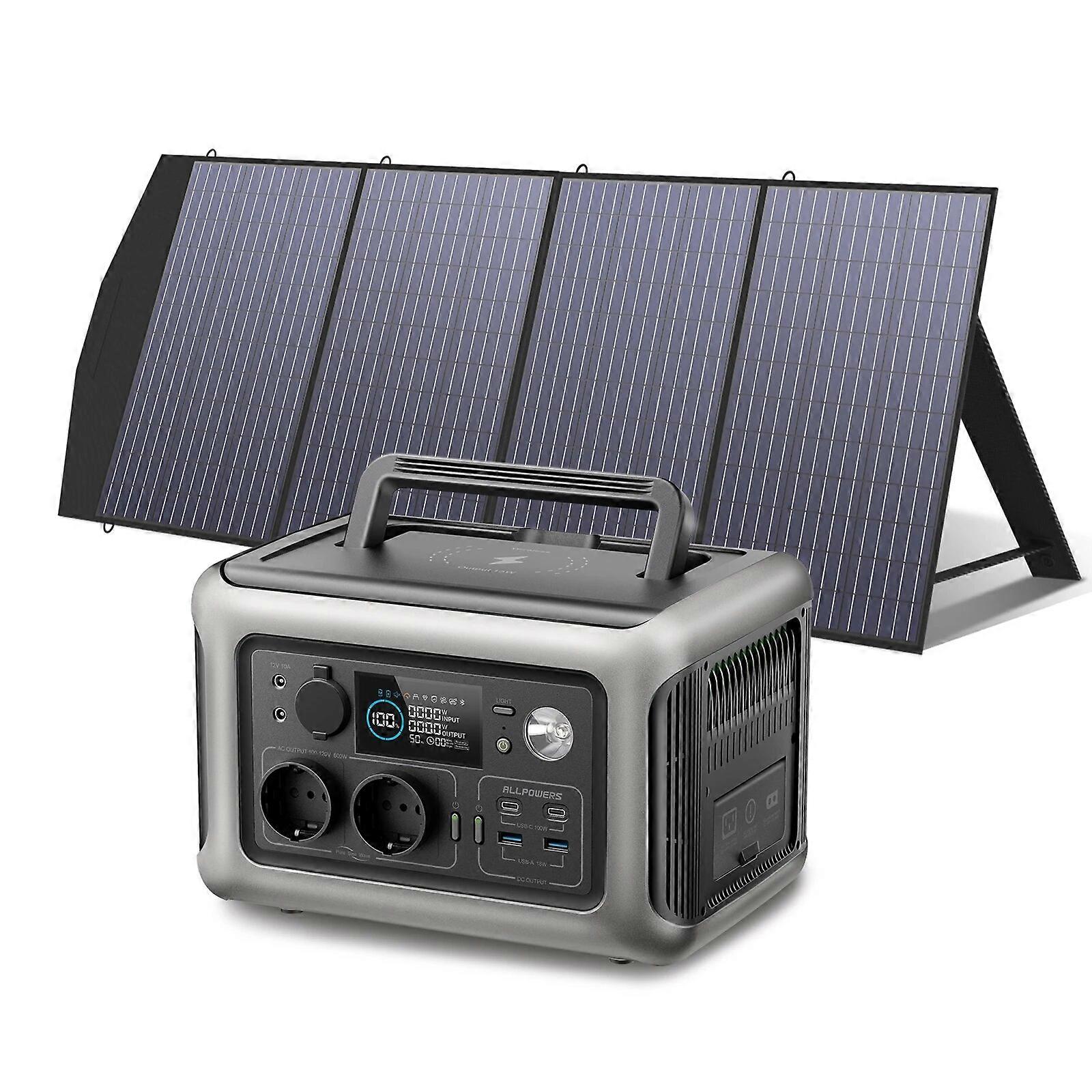 مولد الطاقة الشمسية ALLPOWERS R600 مع لوحة شمسية يتضمن محطة طاقة محمولة 600W 299Wh LiFePO4 مع شاحن شمسي للمخيم