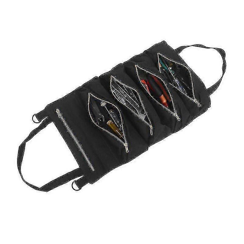 Tool Roll Up Bag With 5 Zipper Pockets Multipurpose Wrench Roll Pouch Canvas Tools Organizer Car Seat Back Storage Hanging Bag First Aid Kit To
