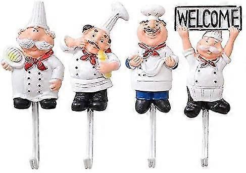 Pack Of 4 Resin French Chef Figurine Wall Hooks Decorative Cook Wall Mount Rack Hook Hanger(assorted Style)-jkshd
