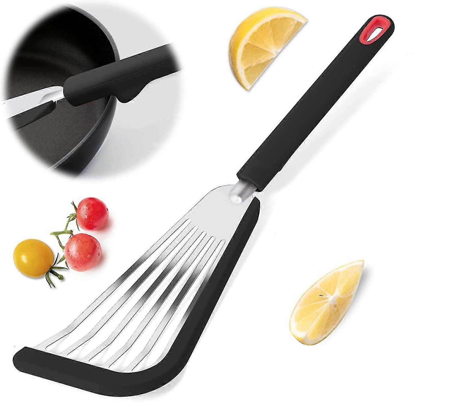 Silicone Fish Spatula, Stainless Steel Slotted Fish Turner, Heat Resistant, Flexible, Metal Spatula For Nonstick Cookware Black