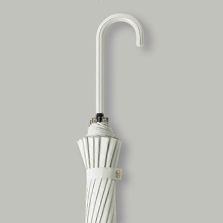 Small fresh 16-bone automatic straight umbrella simple retro forest leather handle double business umbrella (ivory white)