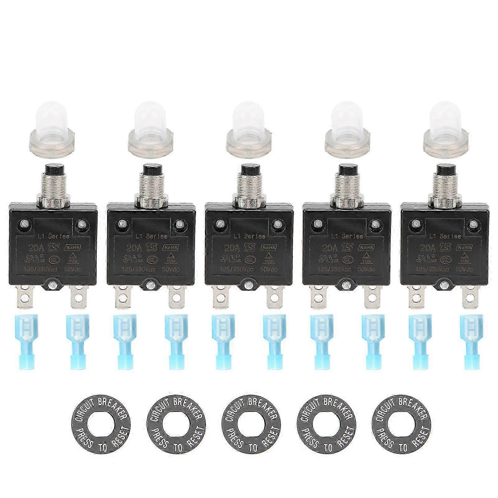 20A Overload Thermal Circuit Breaker with Quick Connect Terminals Waterproof Cap Push Button Manual Reset