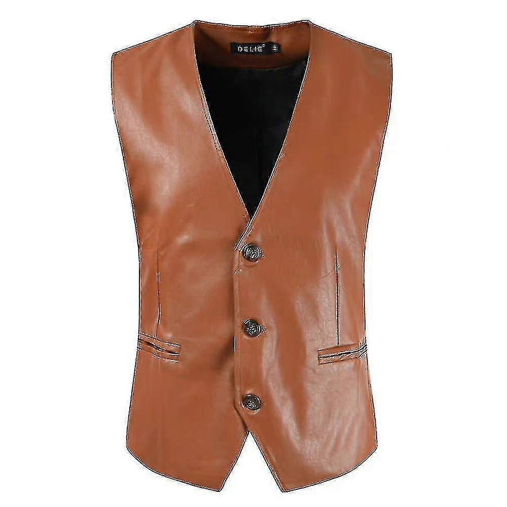 Mäns bikerväst i konstläder Slim Fit Single Breasted V-neck Väst