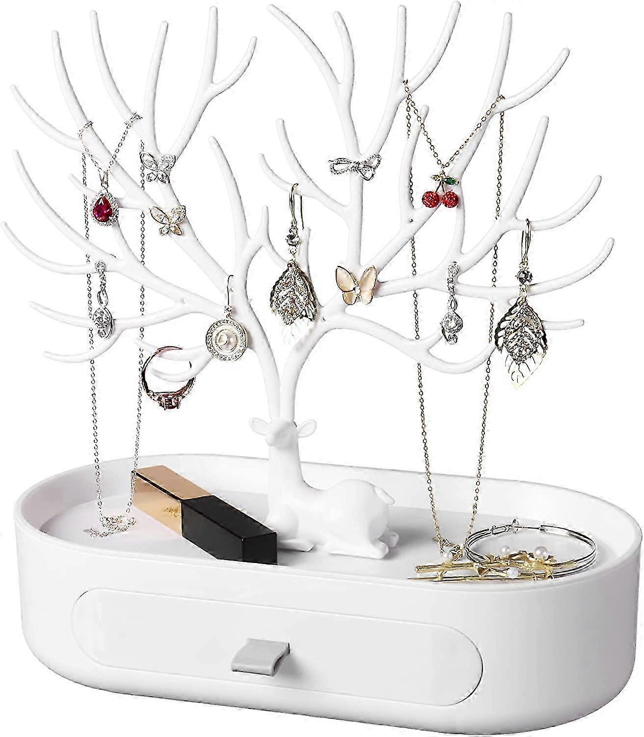 White Plastic Jewelry Tree Display Stand with Drawer