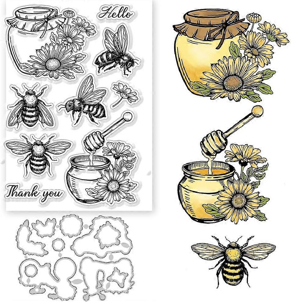 Bee Flowers Clear Stamps and Cutting Dies Bee Honey Jars Daisies Silicone Clear Stamps Cards and Metal Die Cuts for Card Making and DIY Embossing Scra