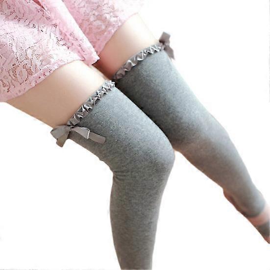 1 Pair Women Wave Trim Bowknot Decor Long Stockings High Elastic Warm Over Knee Solid Color Thigh Socks